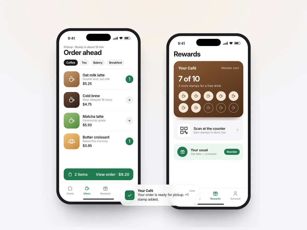 Concept mockup of a café app on two phones: an order-ahead menu with a cart, a digital stamp card with rewards, and an order-ready notification