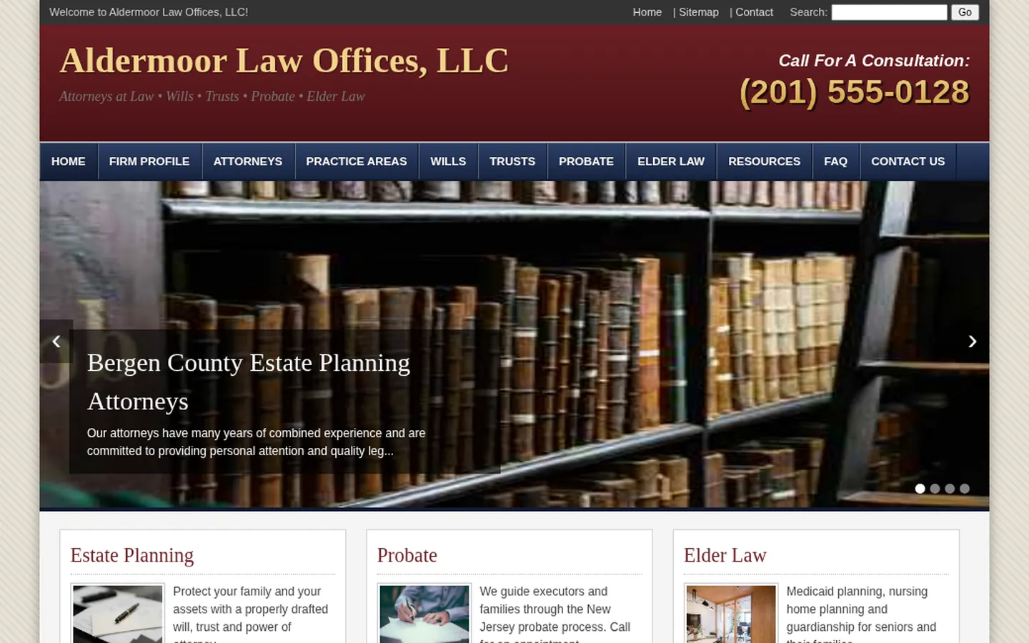 Before: dated homepage for Aldermoor Estate Law, with a crowded menu, stretched low-resolution photos and the phone number shown as an image