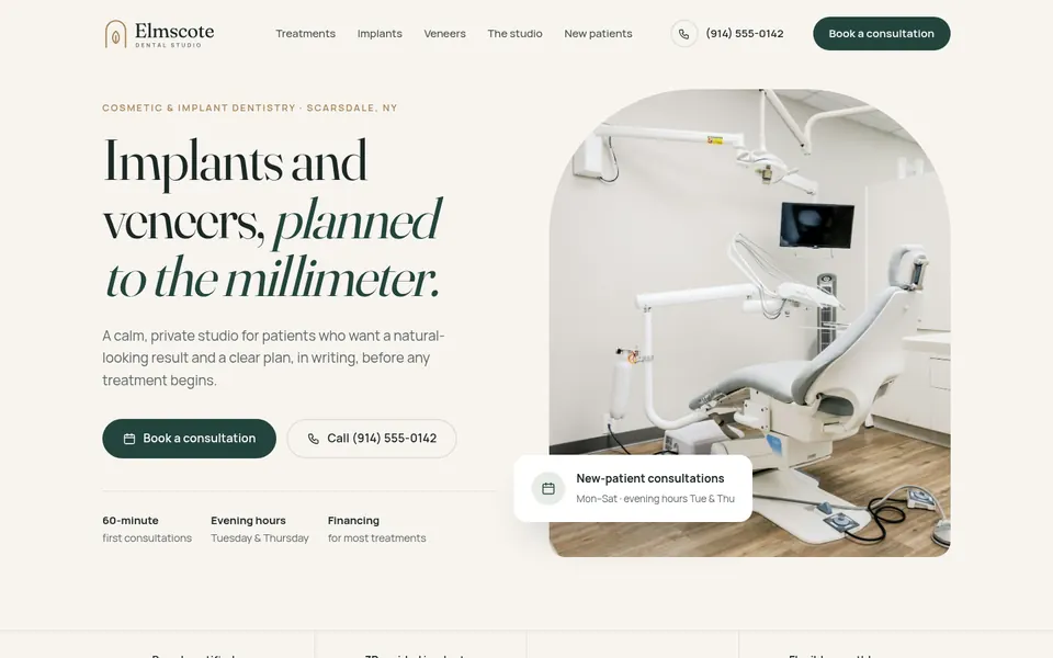 Homepage concept for Elmscote Dental Studio, a fictional cosmetic & implant dentistry business in Westchester County, NY
