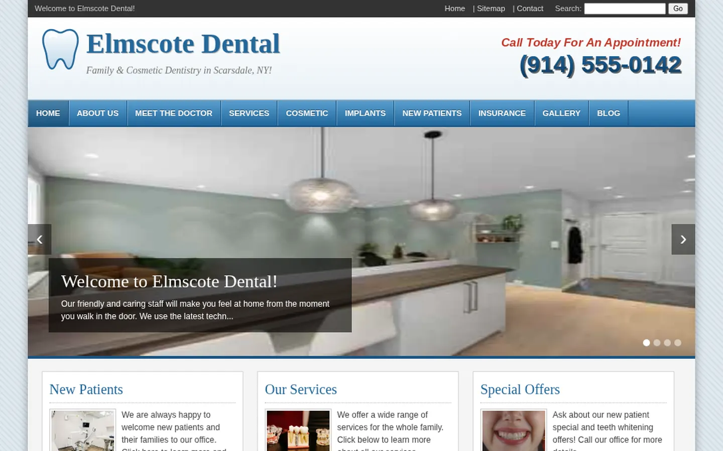 Before: dated homepage for Elmscote Dental Studio, with a crowded menu, stretched low-resolution photos and the phone number shown as an image