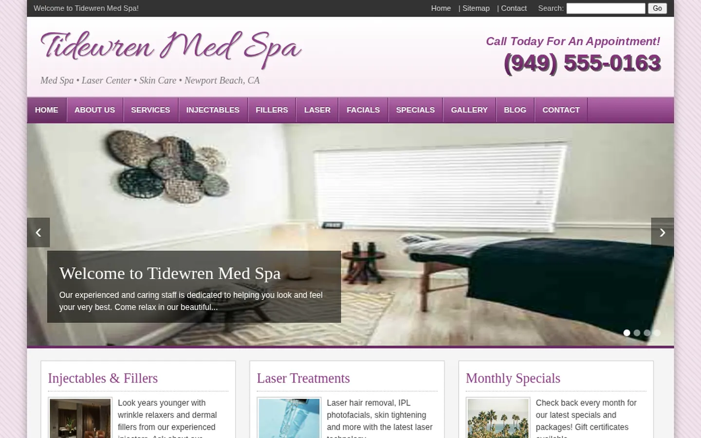Before: dated homepage for Tidewren Aesthetics, with a crowded menu, stretched low-resolution photos and the phone number shown as an image