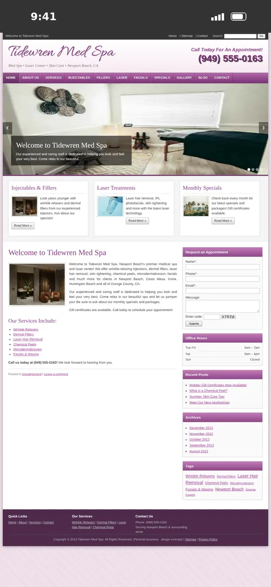 Before: Tidewren Aesthetics homepage on a phone, shrunk to a tiny desktop layout